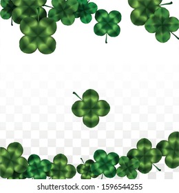 Vector Clover Leaf  Isolated on Transparent Background with Space for Text. St. Patrick's Day Illustration. Ireland's Lucky Shamrock Poster. Invintation for Concert in Pub. Flatlay.  Success Symbols.