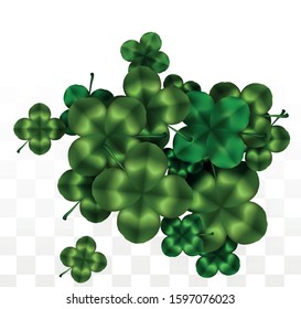 Vector Clover Leaf  Isolated on Transparent Background with Space for Text. St. Patrick's Day Illustration. Ireland's Lucky Shamrock Poster. Invintation for Concert in Pub. Top View.  Success Symbols.