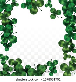 Vector Clover Leaf  Isolated on Transparent Background with Space for Text. St. Patrick's Day Illustration. Ireland's Lucky Shamrock Poster. Invintation for Irish Party Top View.  Success Symbols.