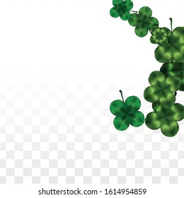 Vector Clover Leaf  Isolated on Transparent Background with Space for Text. St. Patrick's Day Illustration. Ireland's Lucky Shamrock Poster. Invintation for Irish Party Flatlay.  Success Symbols.