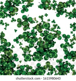 Vector Clover Leaf  Isolated on Transparent Background with Space for Text. St. Patrick's Day Illustration. Ireland's Lucky Shamrock Poster. Banner for Concert in Pub. Top View.  Success Symbols.
