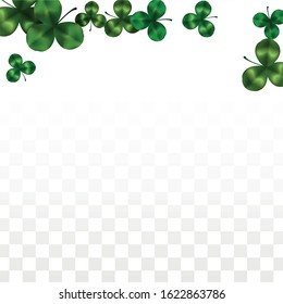 Vector Clover Leaf  Isolated on Transparent Background with Space for Text. St. Patrick's Day Illustration. Ireland's Lucky Shamrock Poster. Banner for Irish Party Top View.  Success Symbols.