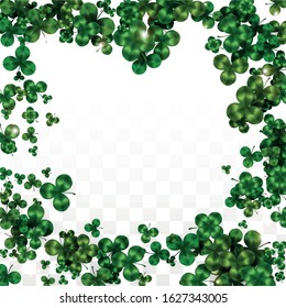 Vector Clover Leaf  Isolated on Transparent Background with Space for Text. St. Patrick's Day Illustration. Ireland's Lucky Shamrock Poster. Invintation for Concert in Pub. Top View.  Success Symbols.