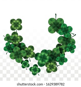 Vector Clover Leaf  Isolated on Transparent Background with Space for Text. St. Patrick's Day Illustration. Ireland's Lucky Shamrock Poster. Invintation for Irish Party Flatlay.  Success Symbols.