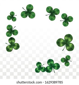 Vector Clover Leaf  Isolated on Transparent Background with Space for Text. St. Patrick's Day Illustration. Ireland's Lucky Shamrock Poster. Invintation for Concert in Pub. Top View.  Success Symbols.