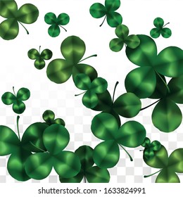 Vector Clover Leaf  Isolated on Transparent Background with Space for Text. St. Patrick's Day Illustration. Ireland's Lucky Shamrock Poster. Invintation for Concert in Pub. Flatlay.  Success Symbols.