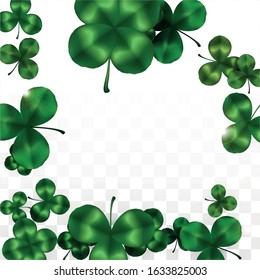 Vector Clover Leaf  Isolated on Transparent Background with Space for Text. St. Patrick's Day Illustration. Ireland's Lucky Shamrock Poster. Banner for Irish Party Flatlay.  Success Symbols.