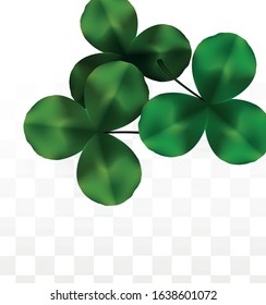 Vector Clover Leaf  Isolated on Transparent Background with Space for Text. St. Patrick's Day Illustration. Ireland's Lucky Shamrock Poster. Banner for Concert in Pub. Top View.  Success Symbols.