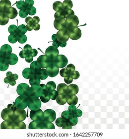 Vector Clover Leaf  Isolated on Transparent Background with Space for Text. St. Patrick's Day Illustration. Ireland's Lucky Shamrock Poster. Banner for Irish Party Flatlay.  Success Symbols.
