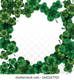 Vector Clover Leaf  Isolated on Transparent Background with Space for Text. St. Patrick's Day Illustration. Ireland's Lucky Shamrock Poster. Invintation for Irish Party Flatlay.  Success Symbols.