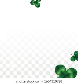 Vector Clover Leaf  Isolated on Transparent Background with Space for Text. St. Patrick's Day Illustration. Ireland's Lucky Shamrock Poster. Banner for Concert in Pub. Top View.  Success Symbols.