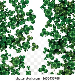 Vector Clover Leaf  Isolated on Transparent Background with Space for Text. St. Patrick's Day Illustration. Ireland's Lucky Shamrock Poster. Banner for Irish Party Flatlay.  Success Symbols.