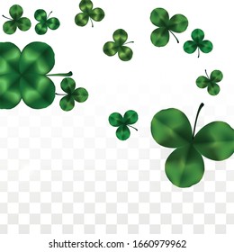 Vector Clover Leaf  Isolated on Transparent Background with Space for Text. St. Patrick's Day Illustration. Ireland's Lucky Shamrock Poster. Banner for Concert in Pub. Flatlay.  Success Symbols.