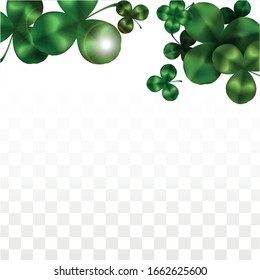 Vector Clover Leaf  Isolated on Transparent Background with Space for Text. St. Patrick's Day Illustration. Ireland's Lucky Shamrock Poster. Invintation for Concert in Pub. Top View.  Success Symbols.