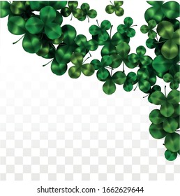 Vector Clover Leaf  Isolated on Transparent Background with Space for Text. St. Patrick's Day Illustration. Ireland's Lucky Shamrock Poster. Banner for Concert in Pub. Top View.  Success Symbols.