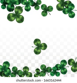 Vector Clover Leaf  Isolated on Transparent Background with Space for Text. St. Patrick's Day Illustration. Ireland's Lucky Shamrock Poster. Invintation for Concert in Pub. Top View.  Success Symbols.