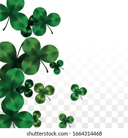 Vector Clover Leaf  Isolated on Transparent Background with Space for Text. St. Patrick's Day Illustration. Ireland's Lucky Shamrock Poster. Invintation for Irish Party Top View.  Success Symbols.