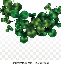 Vector Clover Leaf  Isolated on Transparent Background with Space for Text. St. Patrick's Day Illustration. Ireland's Lucky Shamrock Poster. Invintation for Concert in Pub. Flatlay.  Success Symbols.