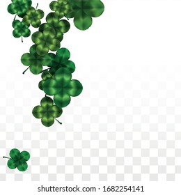 Vector Clover Leaf  Isolated on Transparent Background with Space for Text. St. Patrick's Day Illustration. Ireland's Lucky Shamrock Poster. Banner for Irish Party Top View.  Success Symbols.