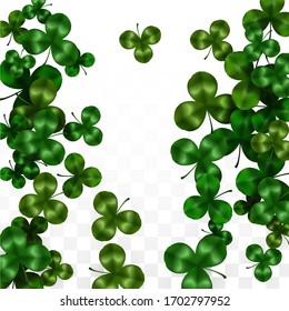 Vector Clover Leaf  Isolated on Transparent Background with Space for Text. St. Patrick's Day Illustration. Ireland's Lucky Shamrock Poster. Banner for Concert in Pub. Flatlay.  Success Symbols.