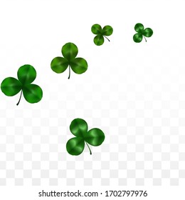 Vector Clover Leaf  Isolated on Transparent Background with Space for Text. St. Patrick's Day Illustration. Ireland's Lucky Shamrock Poster. Invintation for Concert in Pub. Flatlay.  Success Symbols.