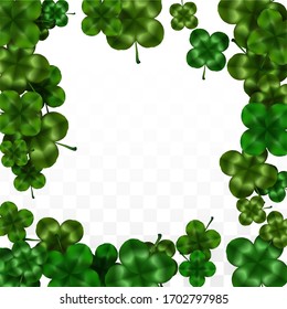 Vector Clover Leaf  Isolated on Transparent Background with Space for Text. St. Patrick's Day Illustration. Ireland's Lucky Shamrock Poster. Invintation for Concert in Pub. Top View.  Success Symbols.