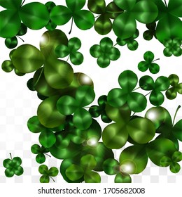 Vector Clover Leaf  Isolated on Transparent Background with Space for Text. St. Patrick's Day Illustration. Ireland's Lucky Shamrock Poster. Banner for Concert in Pub. Top View.  Success Symbols.