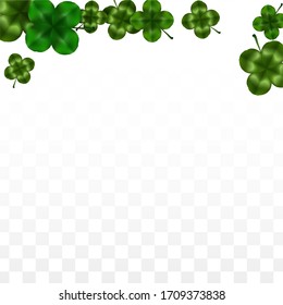 Vector Clover Leaf  Isolated on Transparent Background with Space for Text. St. Patrick's Day Illustration. Ireland's Lucky Shamrock Poster. Invintation for Irish Party Flatlay.  Success Symbols.