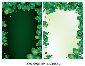 Vector clover leaves on a green and light background. Background for St. Patrick's Day with shamrock. Template for design card, invitation, banner, leaflet
