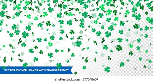 Vector clover leaves pattern background  for Irish Saint Patrick's Day. Transparent vector shamrock background