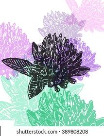 Vector Clovers in abstract composition. Linocut clover flower in different colors on the old paper