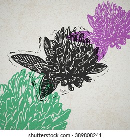 Vector Clovers in abstract composition. Linocut clover flower in different colors on the old paper