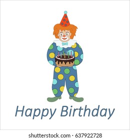 vector of clown with birthday cake and words happy birthday