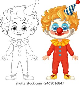 Vector clown in color and outline versions