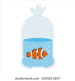 Vector payaso de pescado en bolsa de plástico. dibujos animados de peces Nemo sobre un fondo blanco