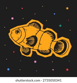 Vector clown fish sticker with black ink texture on orange paper cut shape.