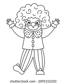 Vector clown line icon. Black and white circus artist clipart. Amusement holiday man. Cute funny festival character coloring page. Street show comedian illustration with hands up
