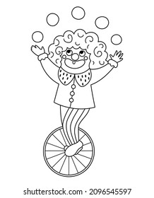 Vector Clown Line Icon. Black And White Circus Artist Clipart. Amusement Holiday Man On A Wheel Juggling Balls. Cute Funny Festival Character Coloring Page. Street Show Comedian Juggler Illustration
