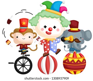 a vector of a clown on top of a ball with animals beside it