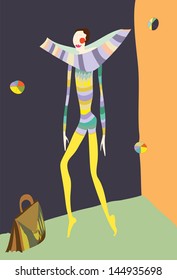 Vector clown playing with the balls , his bag on the floor