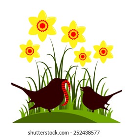 vector clump of daffodils and mother bird feeding baby bird isolated on white background