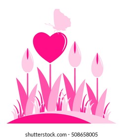 vector clump of heart flowers and butterfly isolated on white background