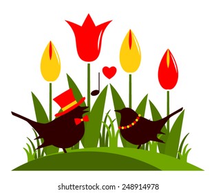 vector clump of tulips and love birds isolated on white background