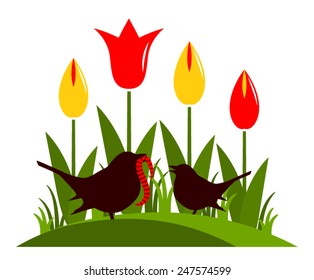vector clump of tulips and mother bird feeding baby bird isolated on white background