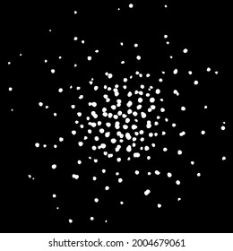 Vector cluster of dots in the center of different sizes of white color in the center and smaller ones at the edges, on a black background. a burst of stars a splash of dots a template for a square 