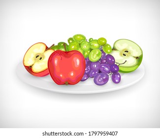 Vector cluster of purple grapes berries, white grape, red, green apples on round plate background. Flat fruit design of red, green grapes branches and fresh apples on white plate.