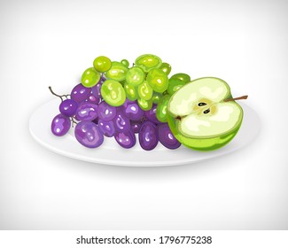 Vector cluster of red grapes berries, white grapes, green apple on white plate background. Flat fruit design of purple, green grape branch and fresh apple on white round plate.