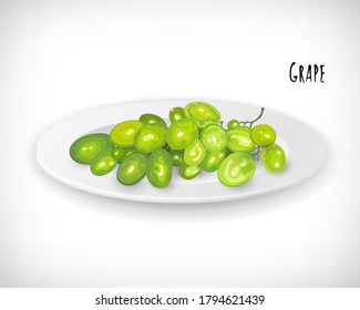 Vector cluster of white grapes berries isolated on white plate background. Flat design of green grape branch on plate. Lettering Grape. Element for web fruit design, print or decoration.
