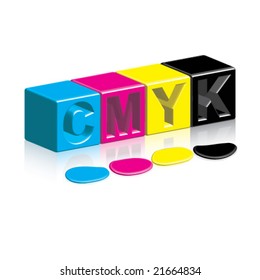 Vector CMYK Boxes & Inks/Paint on Shiny Reflective Surface