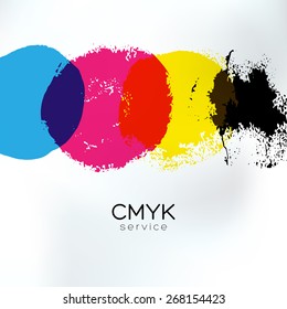 Vector CMYK drawing identity. CMYK print service business background. Printing technology presentation template. Polygraphic colors banner.